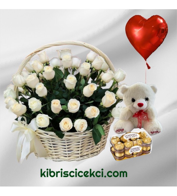 Sepette 51 Beyaz Gül Ayıcık 16'lı Ferrero Çikolata Kalp Helyum Balon